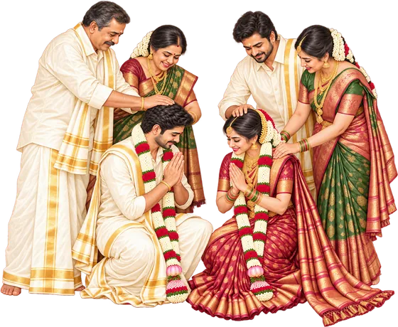Illustration of the bride and groom bowing for blessings from their parents