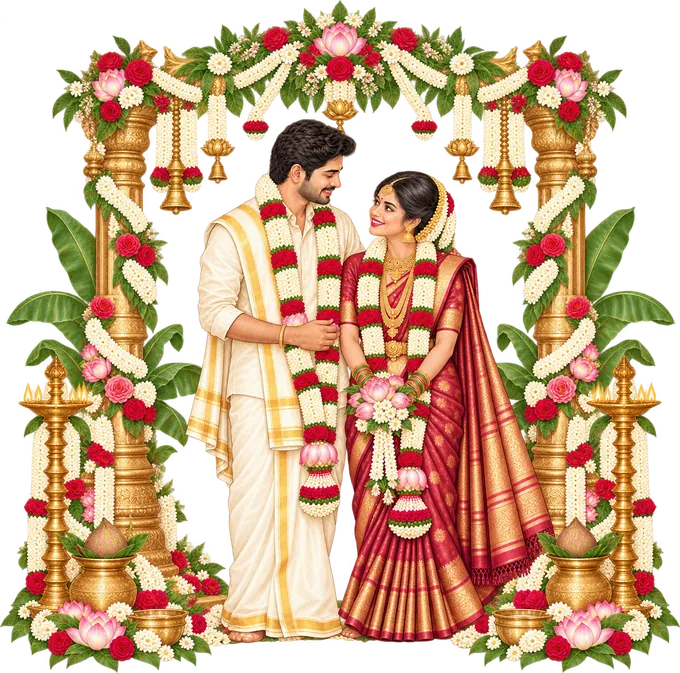 Illustration of the bride in a Kanjivaram pattu saree and the groom in a pattu veshti beneath a garlanded mandapam