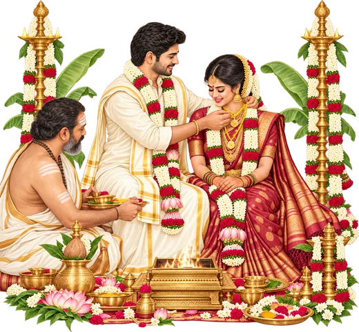 Illustration of the groom tying the thaali to the bride before the sacred fire