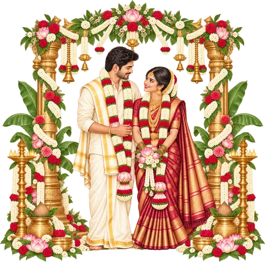 Illustration of the bride and groom standing together under a flower mandapam
