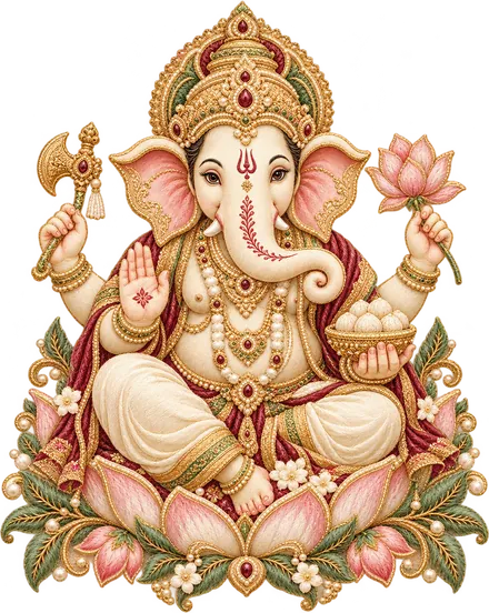 Lord Ganesha seated on a lotus, rendered in embroidered silk