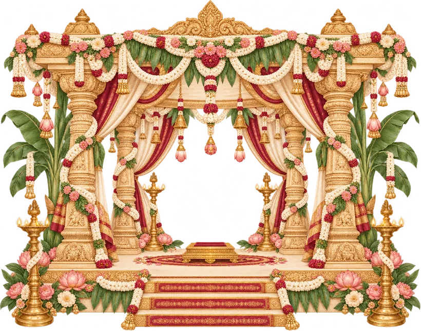 Illustration of a garlanded Tamil wedding mandapam with brass lamps